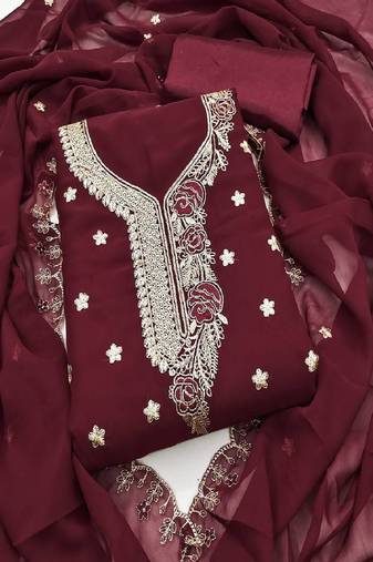 Women's magenta unstitched heavy thread embroidered georgette dress material