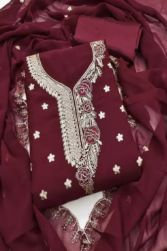 maroon embroidered georgette dress material