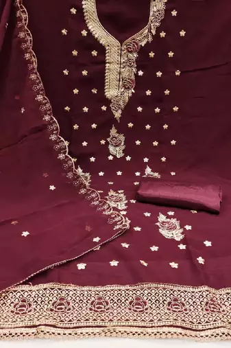 maroon embroidered georgette dress material