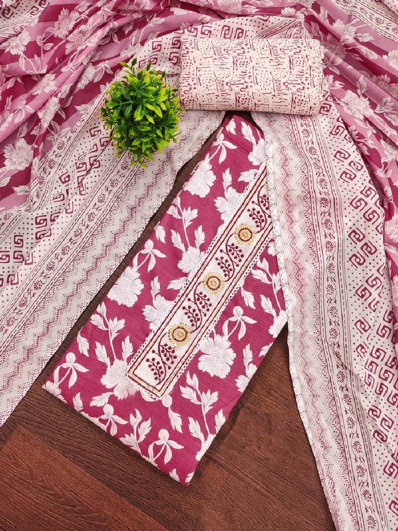 Women's multi unstitched print & handwork cotton dress material