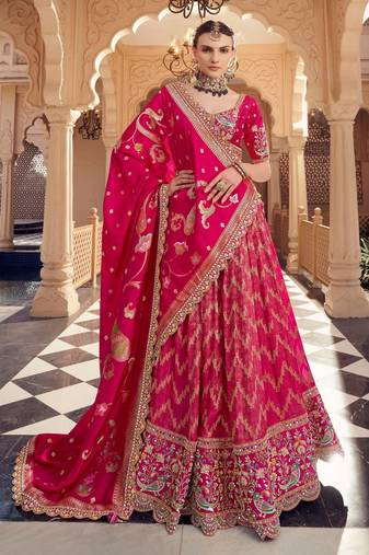 RANI PINK SATIN TISSUE BIRDS DESIGN BEADS WORK WEDDING LEHENGA 