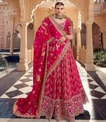 RANI PINK SATIN TISSUE BIRDS DESIGN BEADS WORK WEDDING LEHENGA 