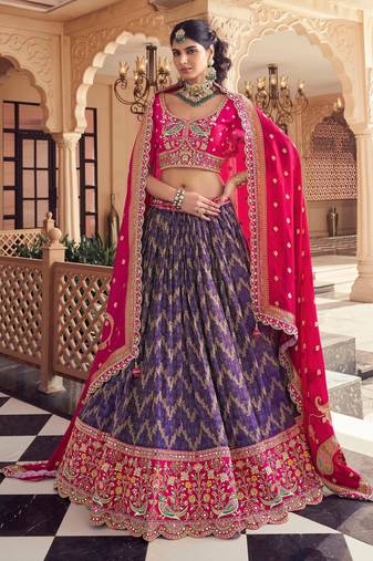 LAVENDER SATIN TISSUE BIRDS DESIGN BEADS WORK WEDDING LEHENGA 