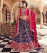 LAVENDER SATIN TISSUE BIRDS DESIGN BEADS WORK WEDDING LEHENGA 