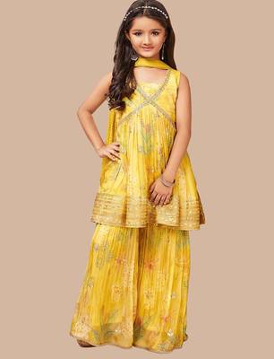 Yellow Floral Print Girl's Alia style Sharara Georgette Salwar Suit for kids 1