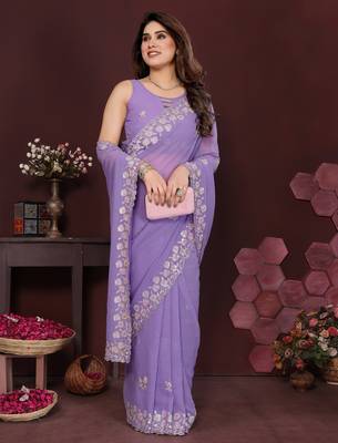 LAVENDER Beautiful georgette silk blend embroidery work saree  1