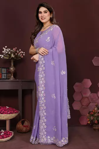 LAVENDER Beautiful georgette silk blend embroidery work saree 