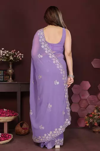 LAVENDER Beautiful georgette silk blend embroidery work saree 
