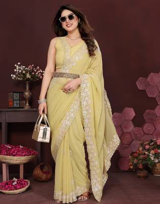YELLOW Beautiful georgette silk blend embroidery work saree  1