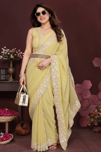 YELLOW Beautiful georgette silk embroidery work saree 