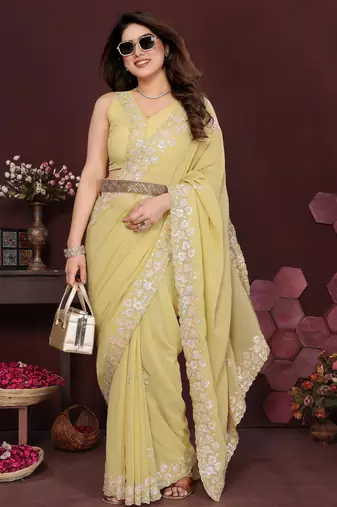 YELLOW Beautiful georgette silk embroidery work saree 