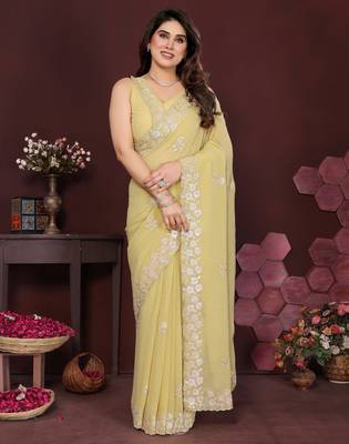 YELLOW Beautiful georgette silk blend embroidery work saree  2