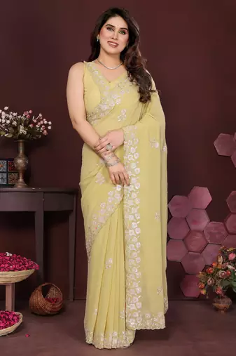 YELLOW Beautiful georgette silk blend embroidery work saree 