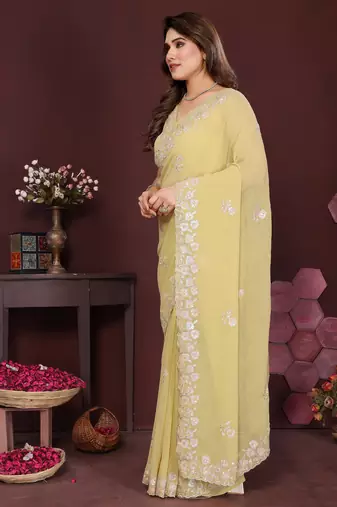 YELLOW Beautiful georgette silk blend embroidery work saree 