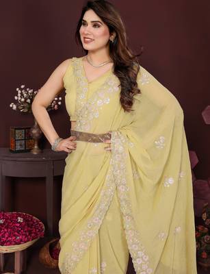 YELLOW Beautiful georgette silk blend embroidery work saree  5