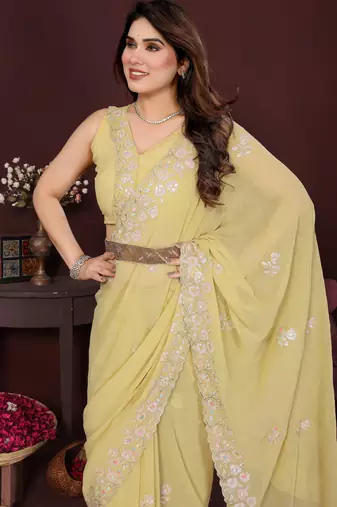 YELLOW Beautiful georgette silk blend embroidery work saree 
