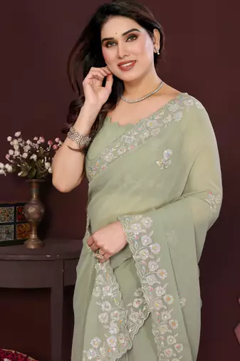 PISTA Beautiful georgette silk blend embroidery work saree 