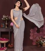 GREY Beautiful georgette silk embroidery work saree 