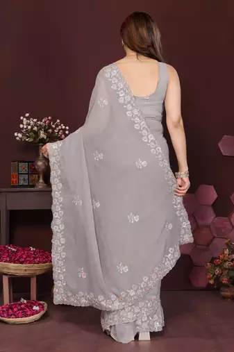 GREY Beautiful georgette silk blend embroidery work saree 