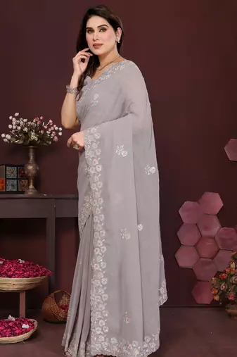 GREY Beautiful georgette silk blend embroidery work saree 