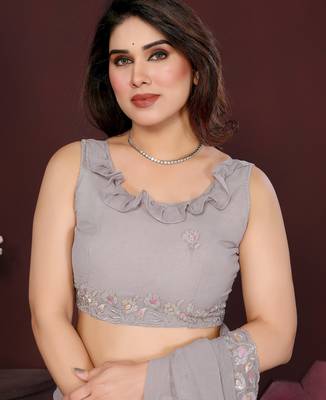 GREY Beautiful georgette silk blend embroidery work saree  4