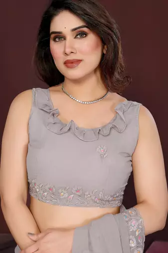 GREY Beautiful georgette silk blend embroidery work saree 