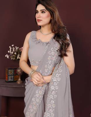 GREY Beautiful georgette silk blend embroidery work saree  5