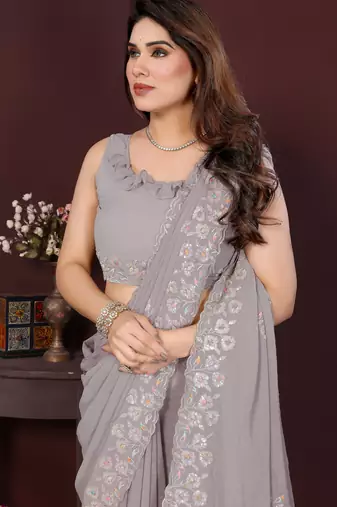GREY Beautiful georgette silk blend embroidery work saree 
