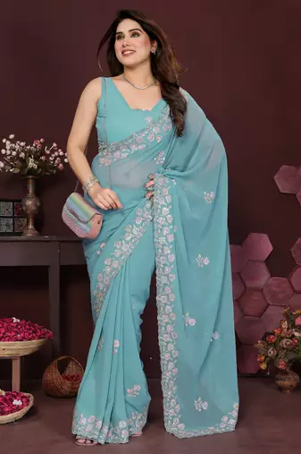 TURQUOISE Beautiful georgette silk embroidery work saree 