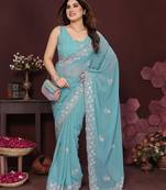 TURQUOISE Beautiful georgette silk embroidery work saree 