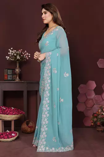 TURQUOISE Beautiful georgette silk blend embroidery work saree 