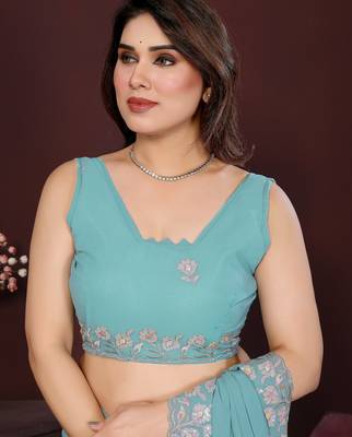TURQUOISE Beautiful georgette silk blend embroidery work saree  5