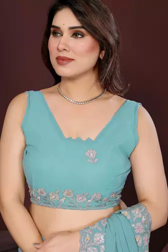 TURQUOISE Beautiful georgette silk blend embroidery work saree 