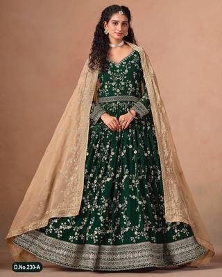 Dark green faux georgette jacquard embroidered anarkali suit 1