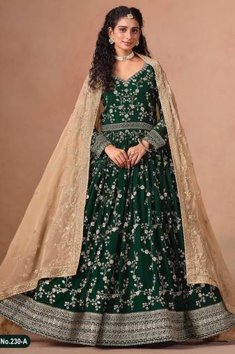 Dark green faux georgette jacquard embroidered work semi stitched anarkali suit