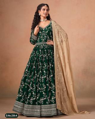 Dark green faux georgette jacquard embroidered anarkali suit 2