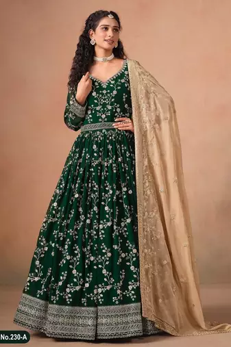 Dark green faux georgette jacquard embroidered anarkali suit