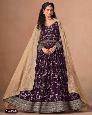 Purple faux georgette jacquard embroidered  anarkali suit 1