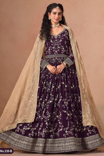 Purple faux georgette jacquard embroidered work semi stitched anarkali suit