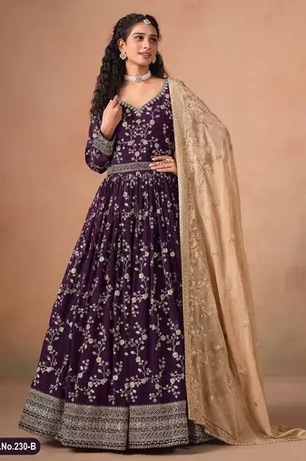 Purple faux georgette jacquard embroidered  anarkali suit