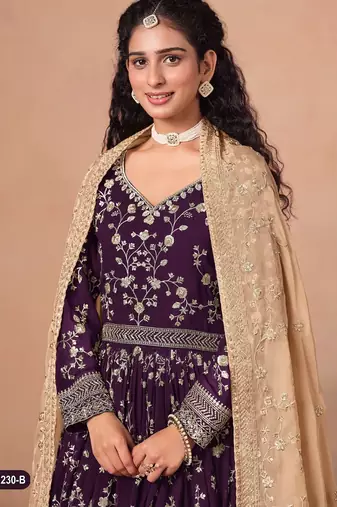 Purple faux georgette jacquard embroidered  anarkali suit