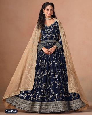 Navy blue faux georgette jacquard embroidered  anarkali suit 1