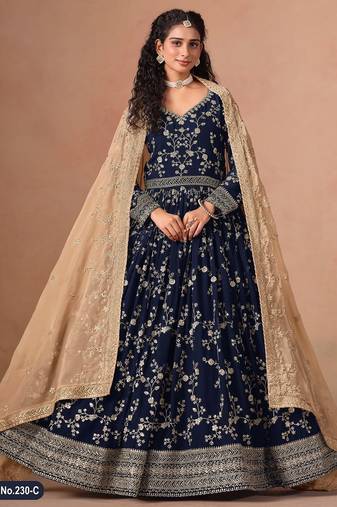 Navy blue faux georgette jacquard embroidered work semi stitched anarkali suit
