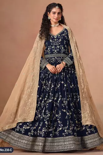 Navy blue faux georgette jacquard embroidered work semi stitched anarkali suit