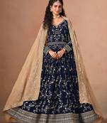 Navy blue faux georgette jacquard embroidered work semi stitched anarkali suit