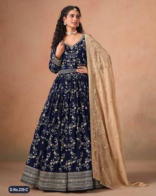 Navy blue faux georgette jacquard embroidered  anarkali suit 2