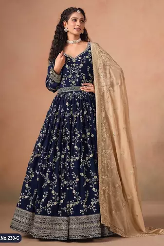 Navy blue faux georgette jacquard embroidered  anarkali suit