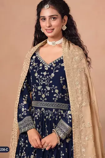 Navy blue faux georgette jacquard embroidered  anarkali suit