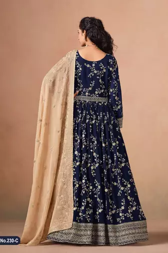 Navy blue faux georgette jacquard embroidered  anarkali suit
