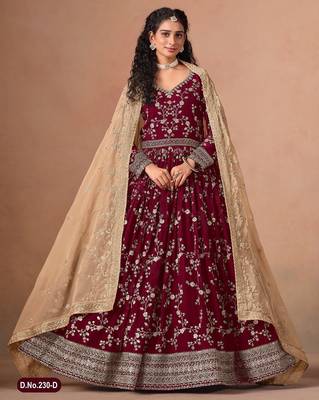 Red faux georgette jacquard embroidered  anarkali suit 1